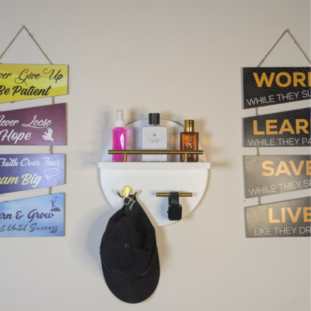 Handcrafted White Round Wooden Wall Key Holder with Shelf
