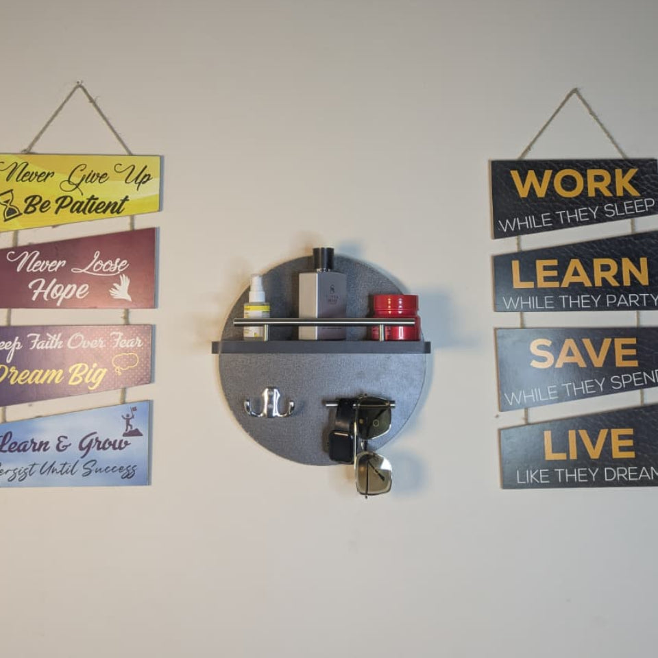 Handcrafted Dark grey Round Wooden Wall Key Holder with Shelf